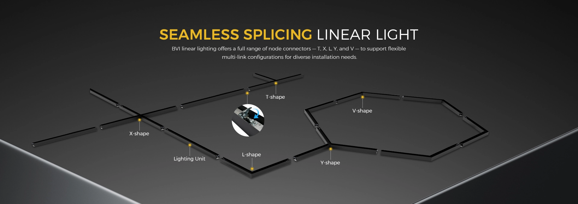 SEAMLESS SPLICING LINEAR LIGHT BVI linear lighting offers a full range of node connectors -T, X, L, Y, and V -to support flexible multi-link configurations for diverse installation needs.